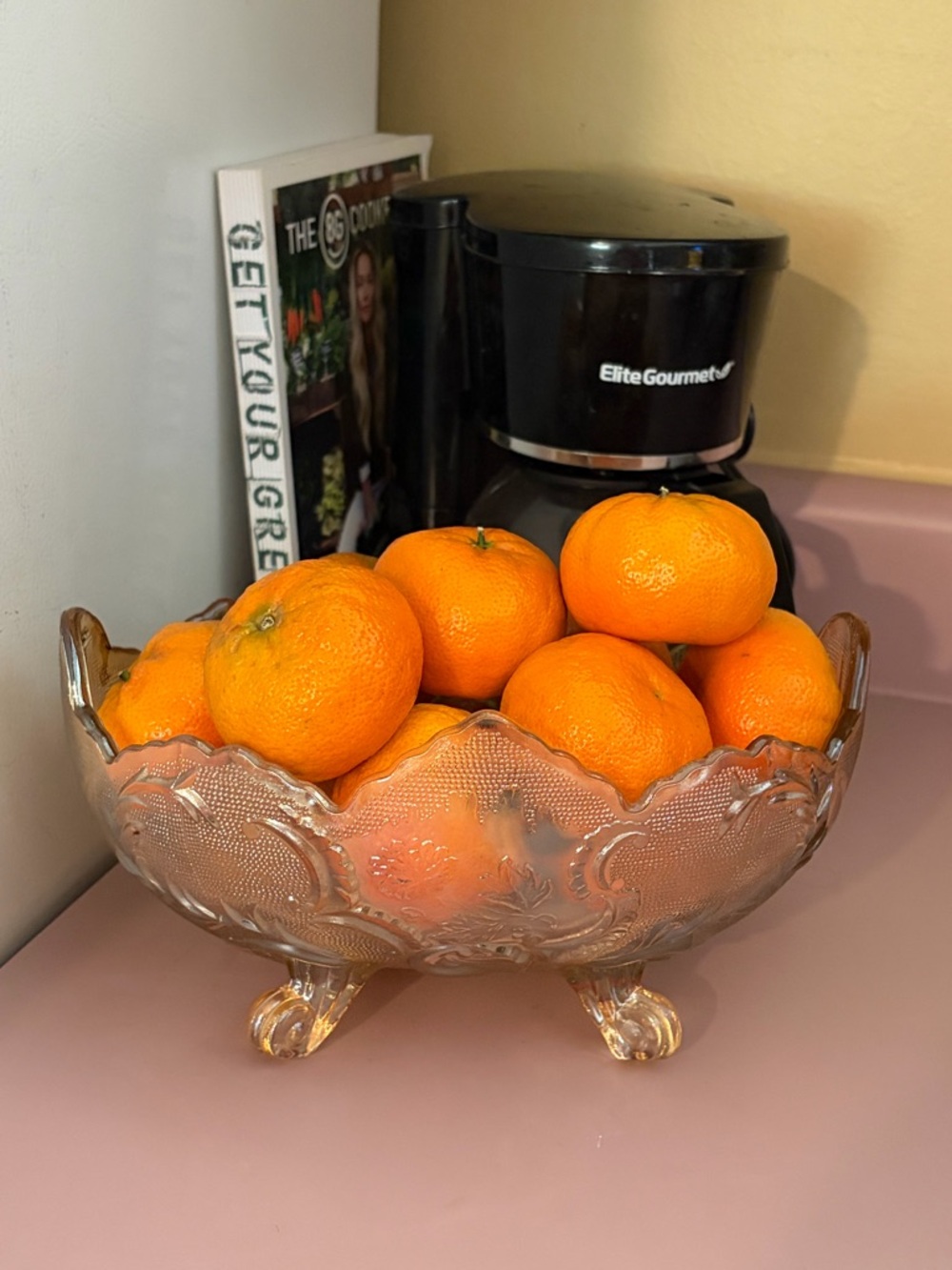 Large Vintage Marigold Glass Fruit Bowl – Elegant Floral Scroll Pattern